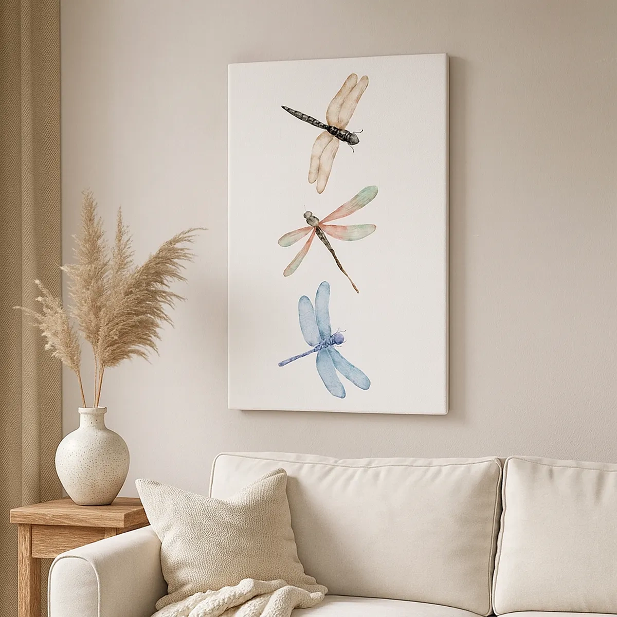 Obraz na płótnie - Ilustracja trzech ważek w delikatnych pastelowych kolorach - 50x70cm - Ważki nieważkie - Nowoczesna dekoracja ścienna do salonu, kuchni i sypialni ARTTOR