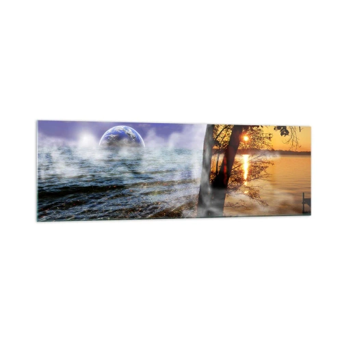 Obraz na szkle - Fantastyczny krajobraz z morzem, drzewem i zachodem słońca. - 160x50cm - Pejzaż surrealistyczny - jedność natury - Nowoczesna dekoracja ścienna do salonu i sypialni ARTTOR