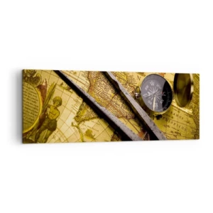 Obraz na płótnie - Zabytkowa mapa świata z kompasem i cyrklem na tle - 140x50cm - Gdze te skarby? - Nowoczesna dekoracja ścienna do salonu i sypialni ARTTOR