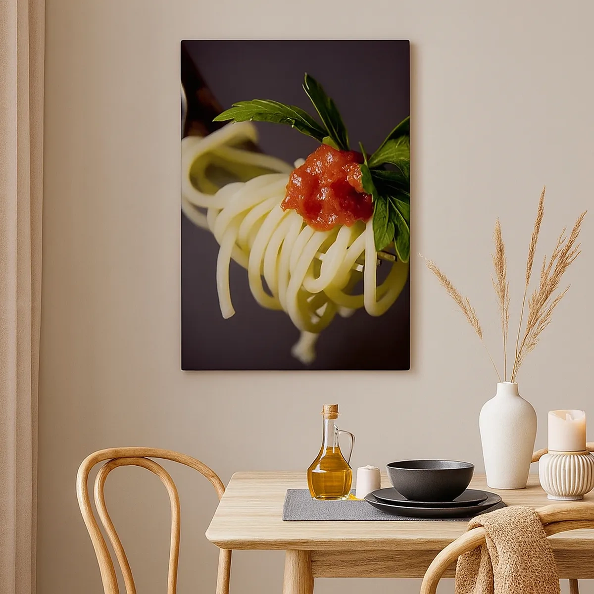 Obraz na płótnie - Makaron spaghetti z sosem pomidorowym i ziołami - 50x70cm - Smakowity kęs - Nowoczesna dekoracja ścienna do salonu, kuchni i sypialni ARTTOR