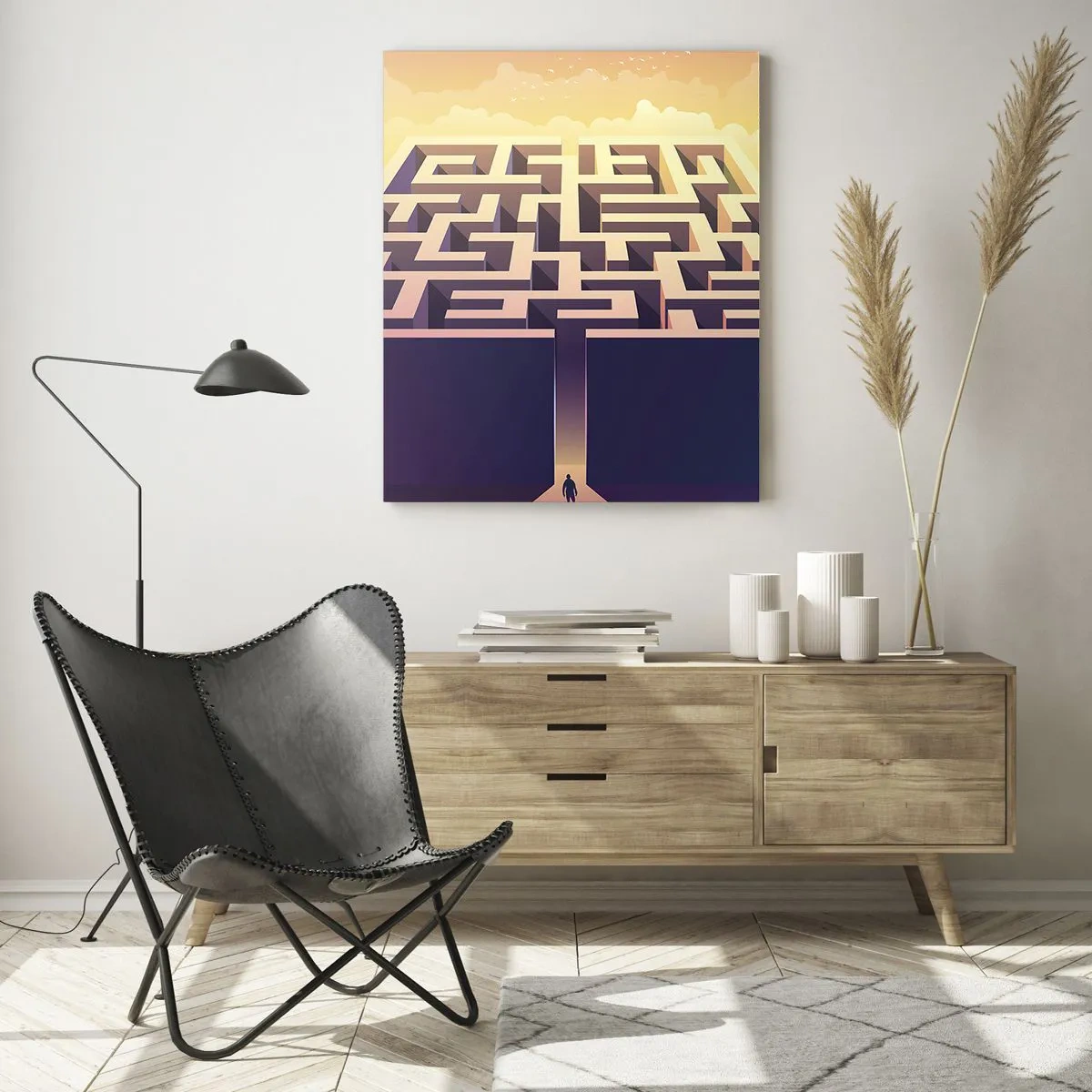 Obraz na szkle - Samotna postać stojąca przed wejściem do ogromnego labiryntu w złotym świetle - 80x120cm - Czas decyzji - Nowoczesna dekoracja ścienna do salonu i sypialni ARTTOR