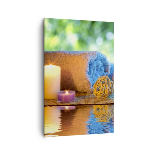 Obraz na płótnie - Relaksacyjny zestaw SPA z ręcznikami, świecami i kamieniami - 80x120cm - Czas dla ciała - Nowoczesna dekoracja ścienna do salonu i sypialni ARTTOR