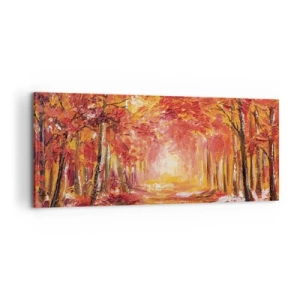 Obraz na płótnie - Jesienny las w odcieniach miedzi i złota - 120x50cm - Miedziany las - Nowoczesna dekoracja ścienna do salonu i sypialni ARTTOR