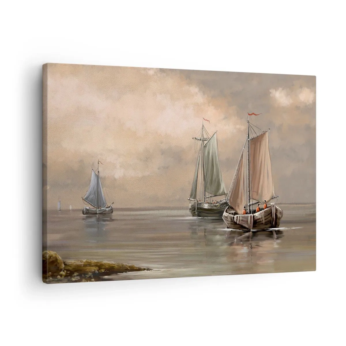 Obraz na płótnie - Żaglówki na spokojnym morzu w pastelowej scenerii - 70x50cm - Powrót żeglarzy - Nowoczesna dekoracja ścienna do salonu i sypialni ARTTOR