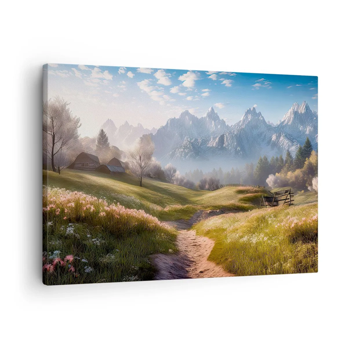 Obraz na płótnie - Górska dolina z łąkami, chatami i widokiem na szczyty - 70x50cm - Sielska dolina - Nowoczesna dekoracja ścienna do salonu i sypialni ARTTOR