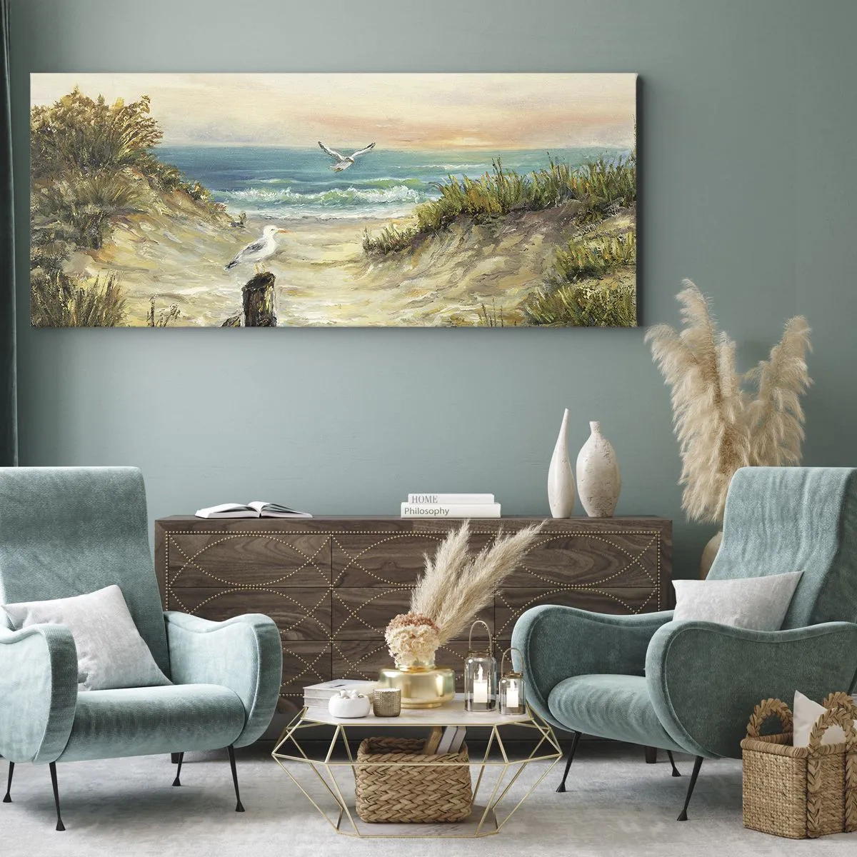 Obraz na płótnie - Wybrzeże z mewami i wydmami o zachodzie słońca - 160x50cm - Bezwietrzne zacisze - Nowoczesna dekoracja ścienna do salonu i sypialni ARTTOR