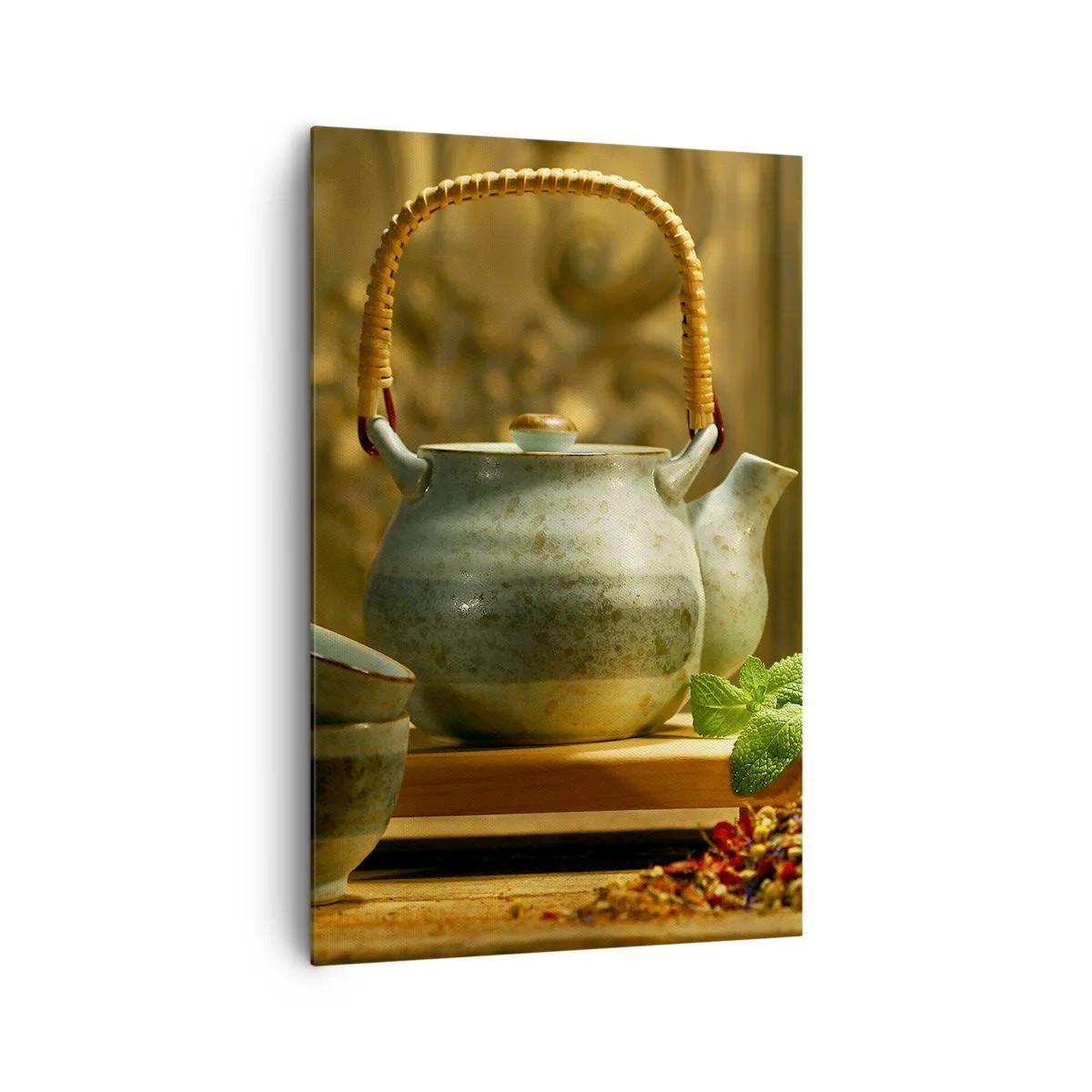 Obraz na płótnie - Ceramiczny dzbanek z filiżankami i suszem herbacianym - 80x120cm - Traktat o piciu herbaty - Nowoczesna dekoracja ścienna do salonu i sypialni ARTTOR