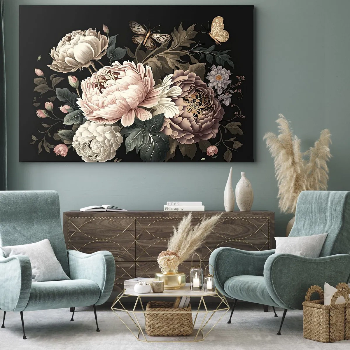 Obraz na płótnie - Bukiet różowych kwiatów i motyli na czarnym tle - 70x50cm - W barokowym stylu - Nowoczesna dekoracja ścienna do salonu i sypialni ARTTOR