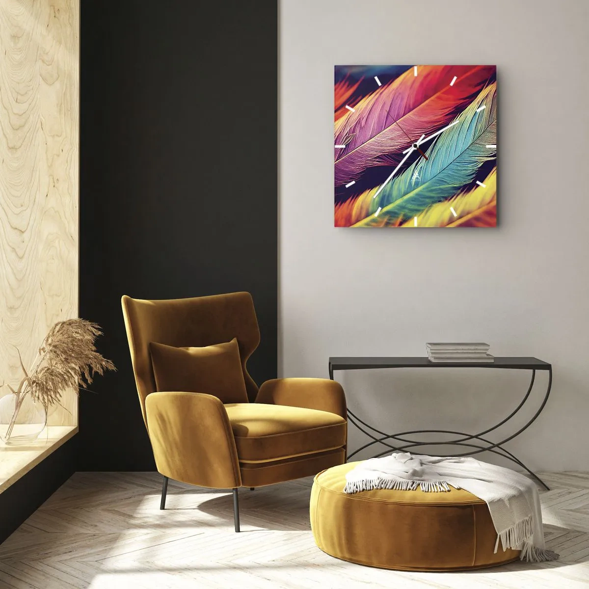 Zegar ścienny - Kolorowe pióra w intensywnych barwach - 30x30cm - Pierzasta tęcza - Nowoczesna dekoracja ścienna do salonu i sypialni ARTTOR