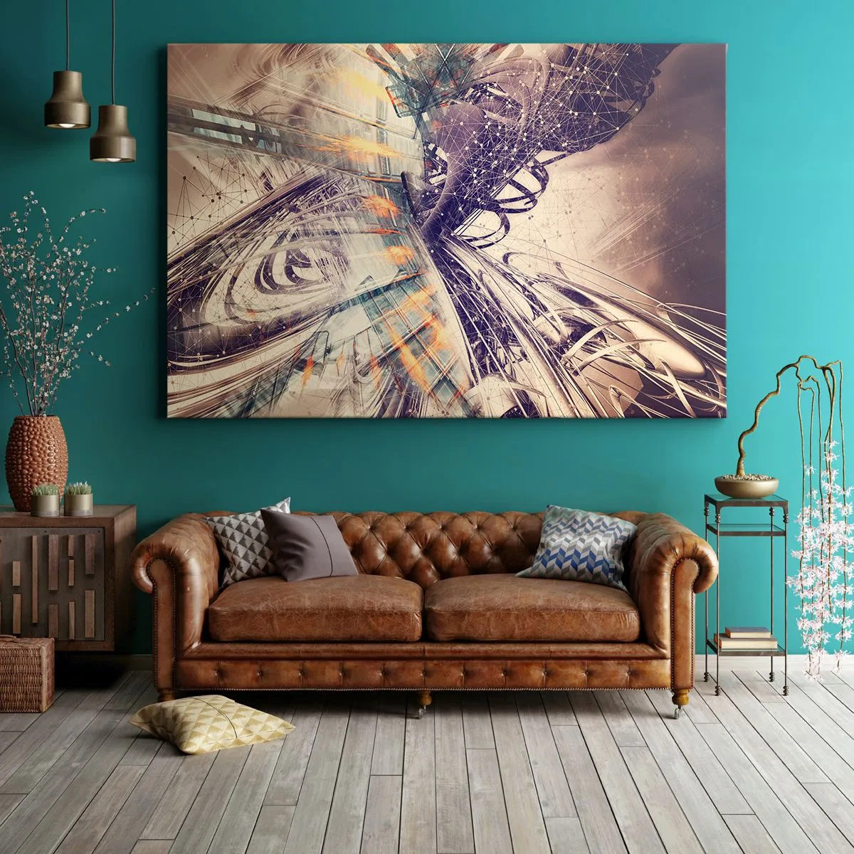 Obraz na płótnie - Dynamiczna abstrakcja w odcieniach beżu i fioletu - 70x50cm - W wielkim pędzie - Nowoczesna dekoracja ścienna do salonu i sypialni ARTTOR