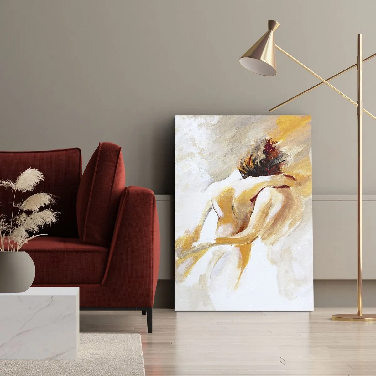 Obraz na płótnie - Para w romantycznym uścisku w abstrakcyjnych barwach - 50x70cm - W niebie bliskości - Nowoczesna dekoracja ścienna do salonu, kuchni i sypialni ARTTOR