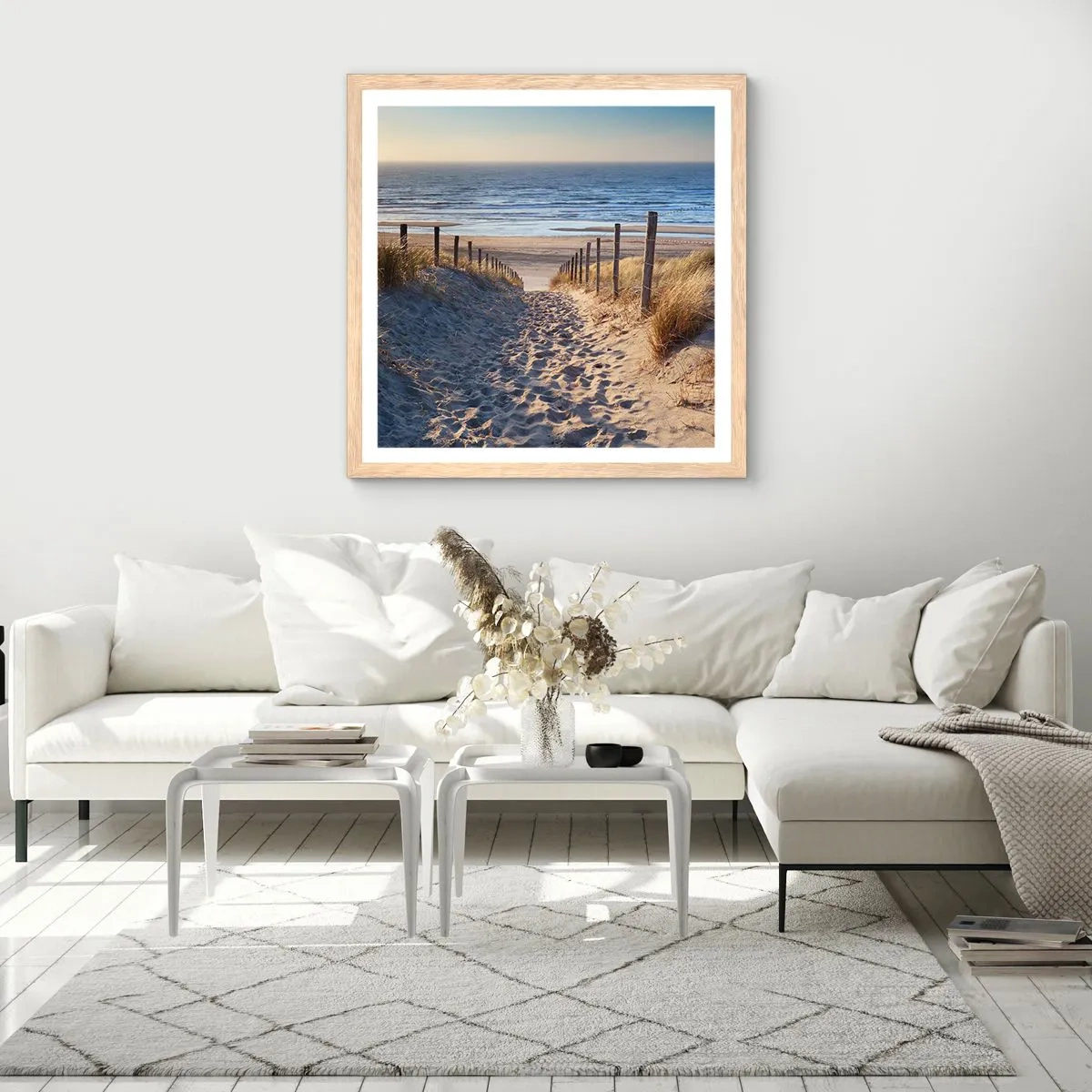 Plakat w ramie jasny dąb - Morza szum, ptaków śpiew, dzika plaża pośród traw… - 50x50 cm