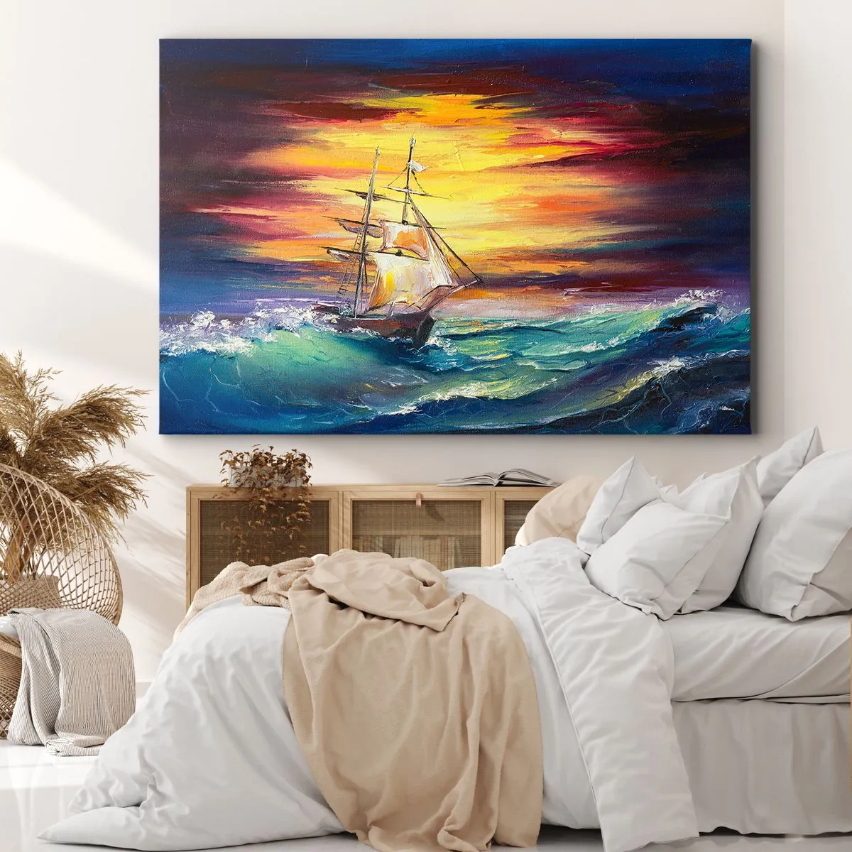 Obraz na płótnie - Żaglowiec na tle kolorowego zachodu słońca - 70x50cm - Dzielnie pod fale - Nowoczesna dekoracja ścienna do salonu i sypialni ARTTOR