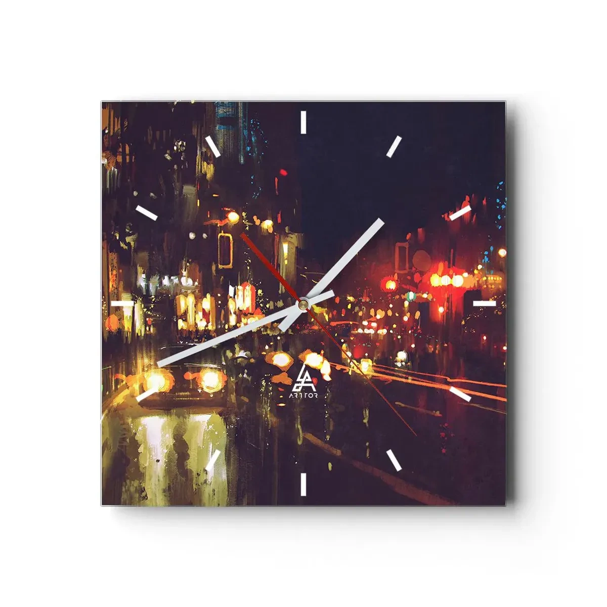 Zegar ścienny - Nocna scena miasta z kolorowymi światłami i refleksami na ulicy - 30x30cm - Zatopiona w światłach nocy - Nowoczesna dekoracja ścienna do salonu i sypialni ARTTOR