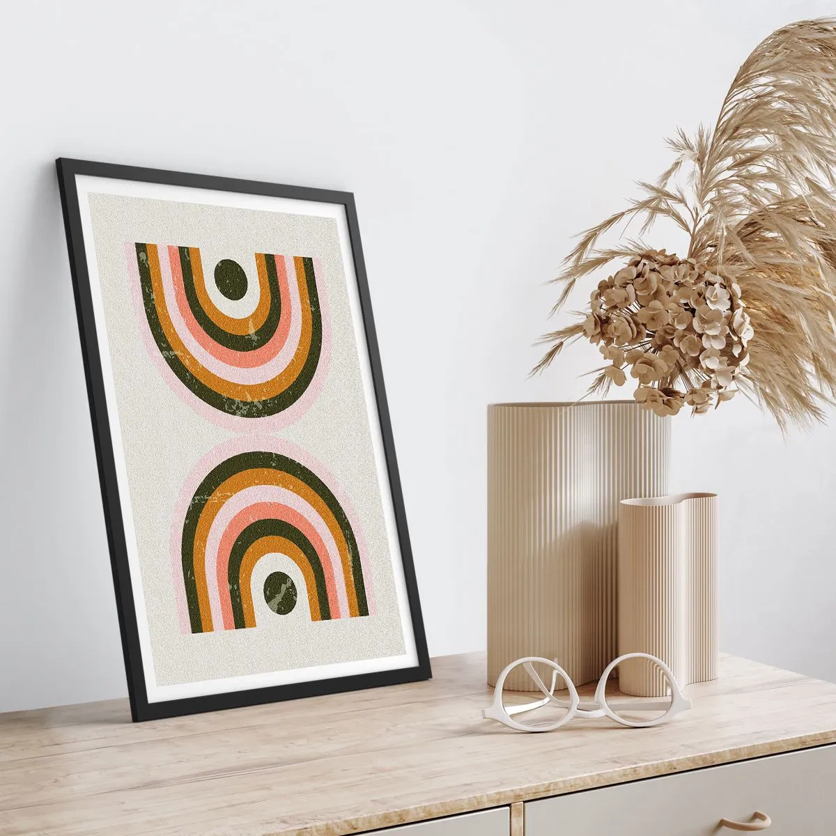 Plakat w czarnej ramie - Geometryczna kompozycja w stylu retro - 50x70cm - Abstrakcja bliźniacza - Nowoczesna dekoracja ścienna do salonu i sypialni ARTTOR