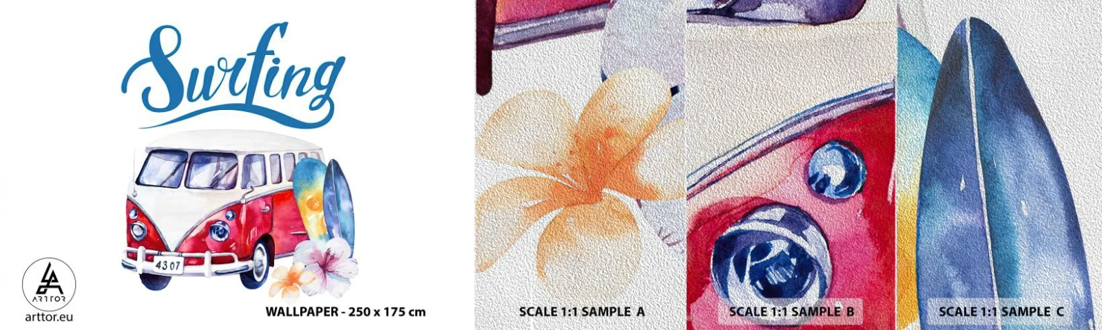 Fototapeta Próbka Premium Sand - Ogórek - klasyk dla surfera - Autobus Vintage, Podróże, Deska Surfingowa - 100x30 cm