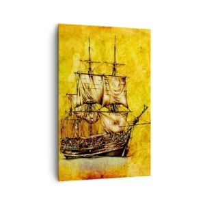Obraz na płótnie - Stylizowany rysunek żaglowca na złotym tle o vintage charakterze - 80x120cm - Kierunek Tortuga! - Nowoczesna dekoracja ścienna do salonu i sypialni ARTTOR