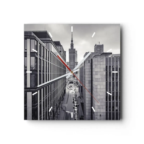 Zegar ścienny - Panorama Warszawy z widokiem na Pałac Kultury i otaczające budynki - 30x30cm - Warszawska dolina - Nowoczesna dekoracja ścienna do salonu i sypialni ARTTOR