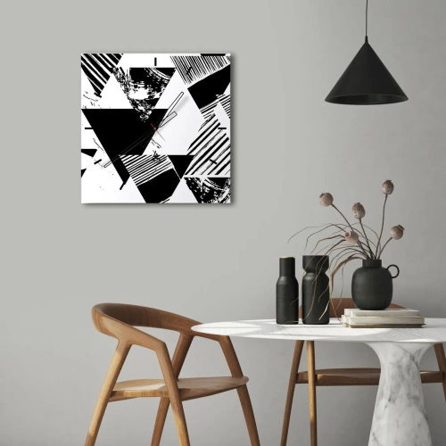 Zegar ścienny - Geometryczne wzory w czarno-białej minimalistycznej formie - 30x30cm - Deszcz trójkątów - Nowoczesna dekoracja ścienna do salonu i sypialni ARTTOR