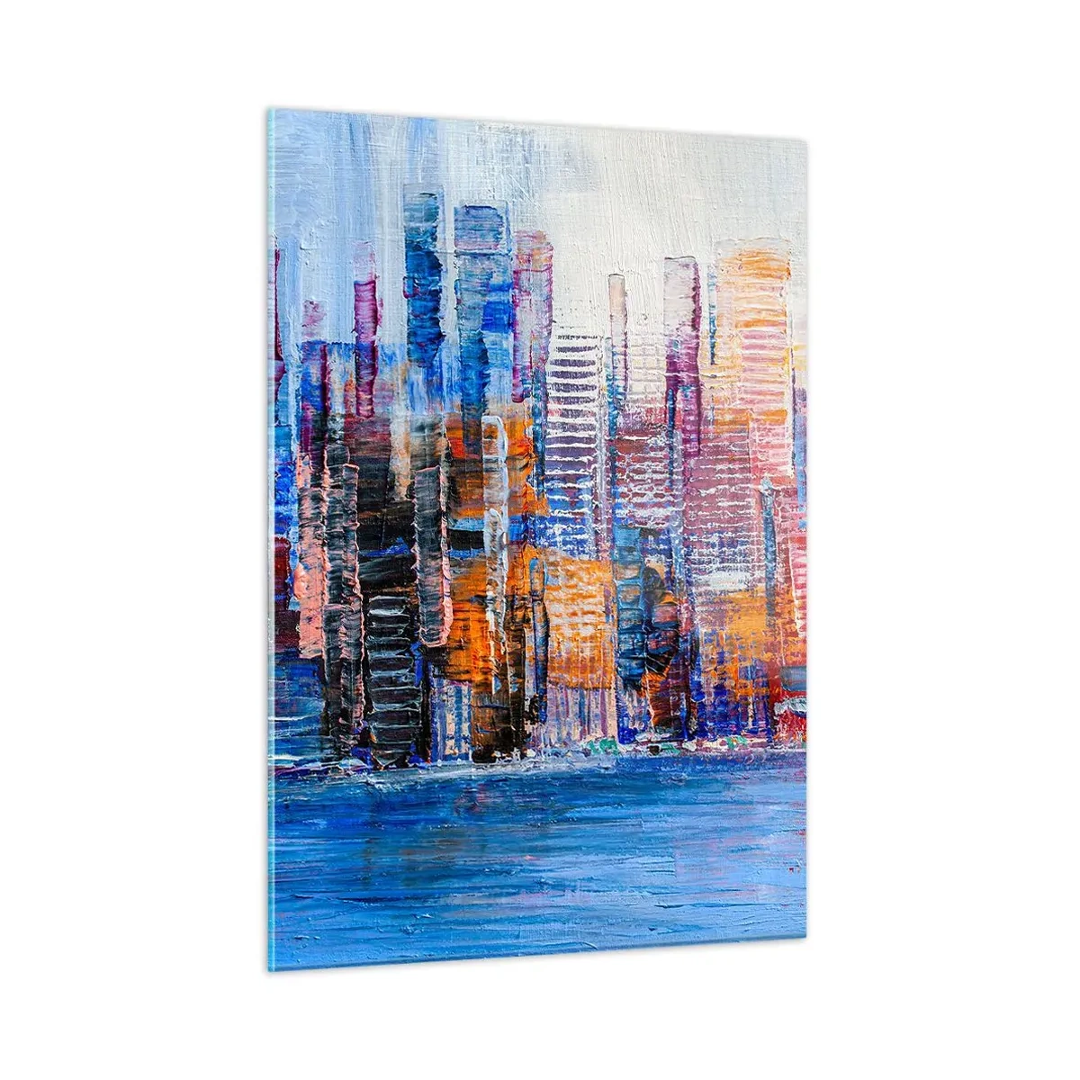 Obraz na szkle - Kolorowa panorama miasta malowana pociągnięciami pędzla - 50x70cm - Radosna metropolia - Nowoczesna dekoracja ścienna do salonu, kuchni i sypialni ARTTOR