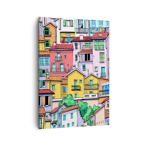 Obraz na płótnie - Kolorowe budynki w rysunkowym stylu z zielenią na pierwszym planie - 50x70cm - Wesołe miasto - Nowoczesna dekoracja ścienna do salonu, kuchni i sypialni ARTTOR