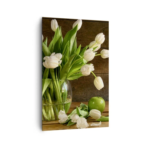 Obraz na płótnie - Bukiet białych tulipanów w szklanym wazonie z zielonymi jabłkami - 80x120cm - Soczyste i świeże w zieleni i bieli - Nowoczesna dekoracja ścienna do salonu i sypialni ARTTOR