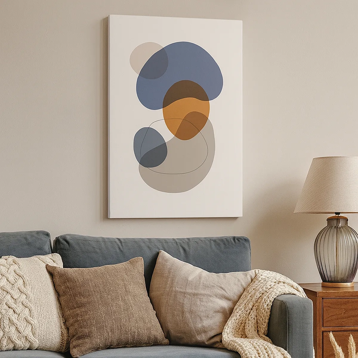 Obraz na płótnie - Abstrakcyjne kształty w odcieniach niebieskiego, beżu i brązu - 50x70cm - Krople barw - Nowoczesna dekoracja ścienna do salonu, kuchni i sypialni ARTTOR