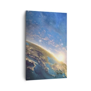 Obraz na płótnie - Widok na Ziemię z kosmosu o wschodzie słońca - 80x120cm - Spójrzmy na siebie z dystansu - Nowoczesna dekoracja ścienna do salonu i sypialni ARTTOR