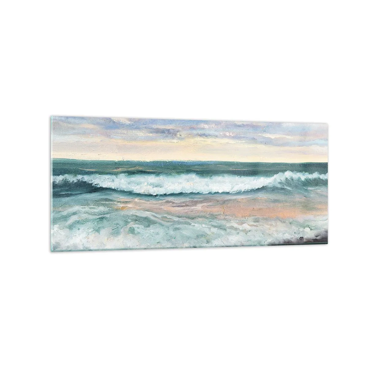 Obraz na szkle - Morskie fale na tle zachmurzonego nieba o zachodzie słońca - 120x50cm - Tutaj wygładzisz duszę - Nowoczesna dekoracja ścienna do salonu i sypialni ARTTOR