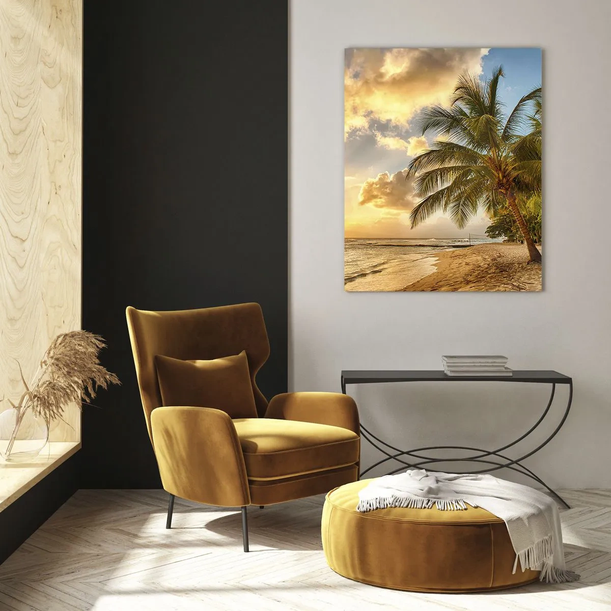Obraz na szkle - Plaża z palmami o zachodzie słońca z ciepłymi kolorami nieba - 50x70cm - Wieczne lato, zawsze wakacje - Nowoczesna dekoracja ścienna do salonu, kuchni i sypialni ARTTOR