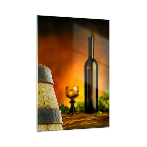 Obraz na szkle - Winogrona na beczce w rustykalnym otoczeniu z winem w tle - 50x70cm - Martwa natura z butelką wina i kiścią winogron - Nowoczesna dekoracja ścienna do salonu, kuchni i sypialni ARTTOR