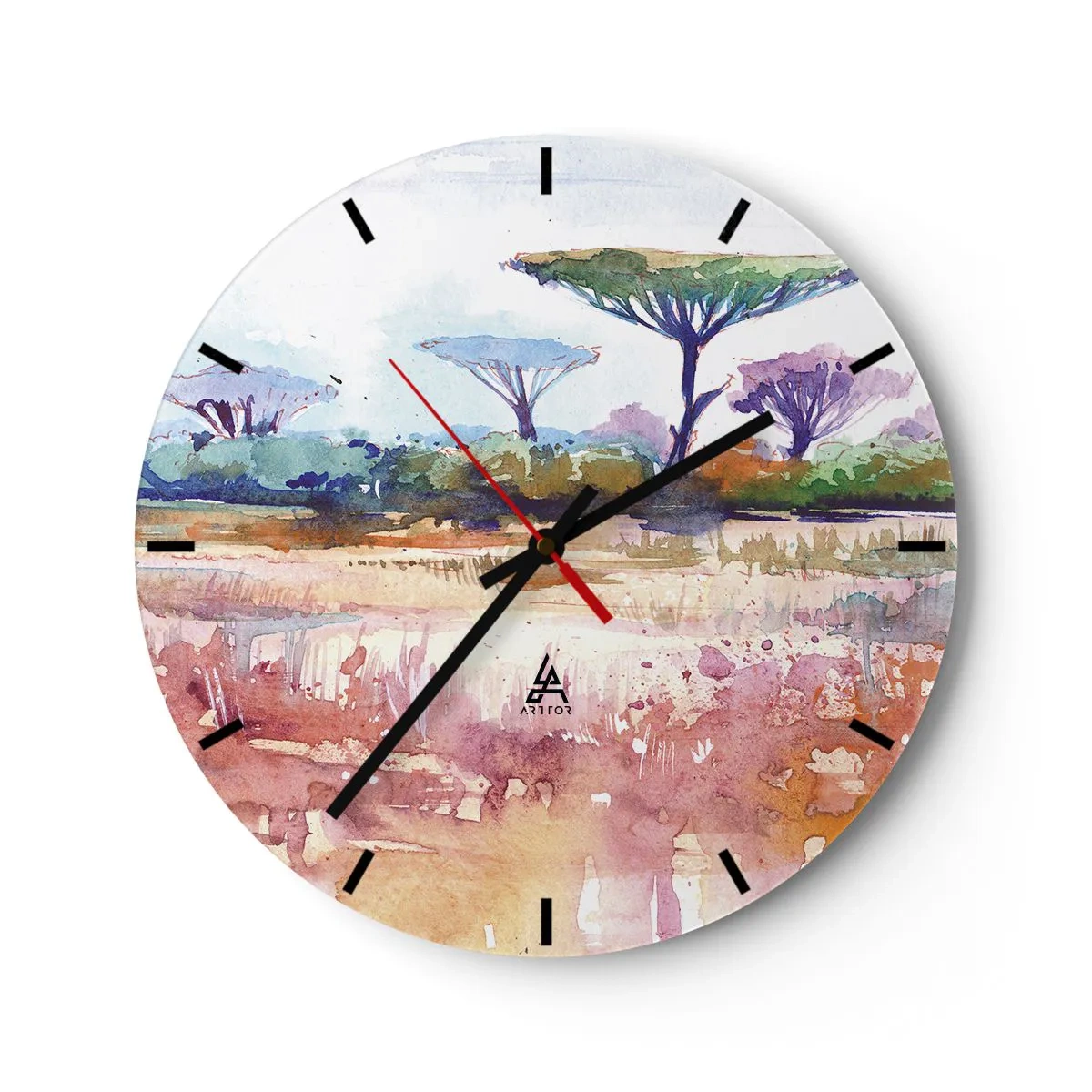 Zegar ścienny - Akwarelowy pejzaż sawanny z charakterystycznymi drzewami - 30x30cm - Kolory sawanny - Nowoczesna dekoracja ścienna do salonu, kuchni i sypialni ARTTOR