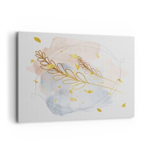 Obraz na płótnie - Delikatny motyw liści w złotym kolorze na pastelowym tle z akwarelowymi detalami - 100x70cm - Złoty podmuch - Nowoczesna dekoracja ścienna do salonu, kuchni i sypialni ARTTOR