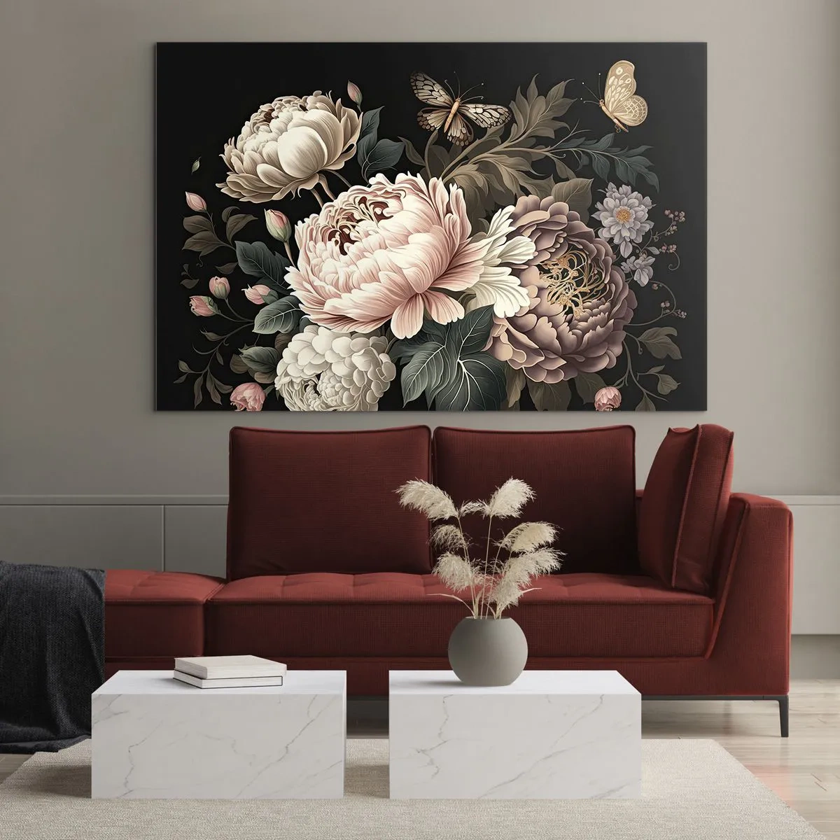 Obraz na szkle - Kwiatowa kompozycja z motylami na czarnym tle - 70x50cm - W barokowym stylu - Nowoczesna dekoracja ścienna do salonu i sypialni ARTTOR