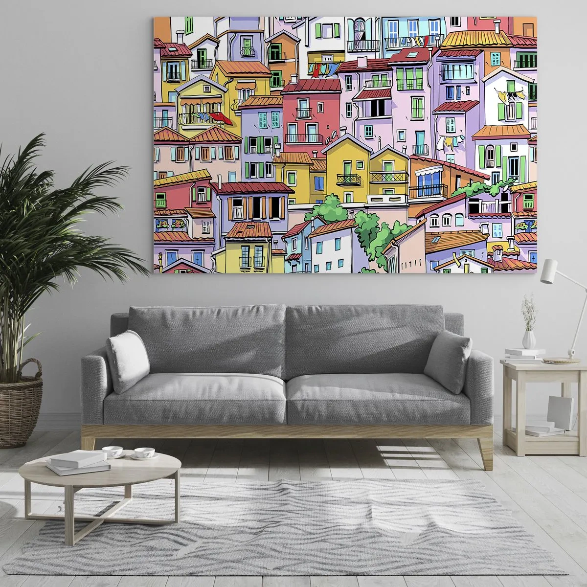 Obraz na szkle - Kolorowe kamienice w rysunkowym stylu pełne detali - 70x50cm - Wesołe miasto - Nowoczesna dekoracja ścienna do salonu i sypialni ARTTOR