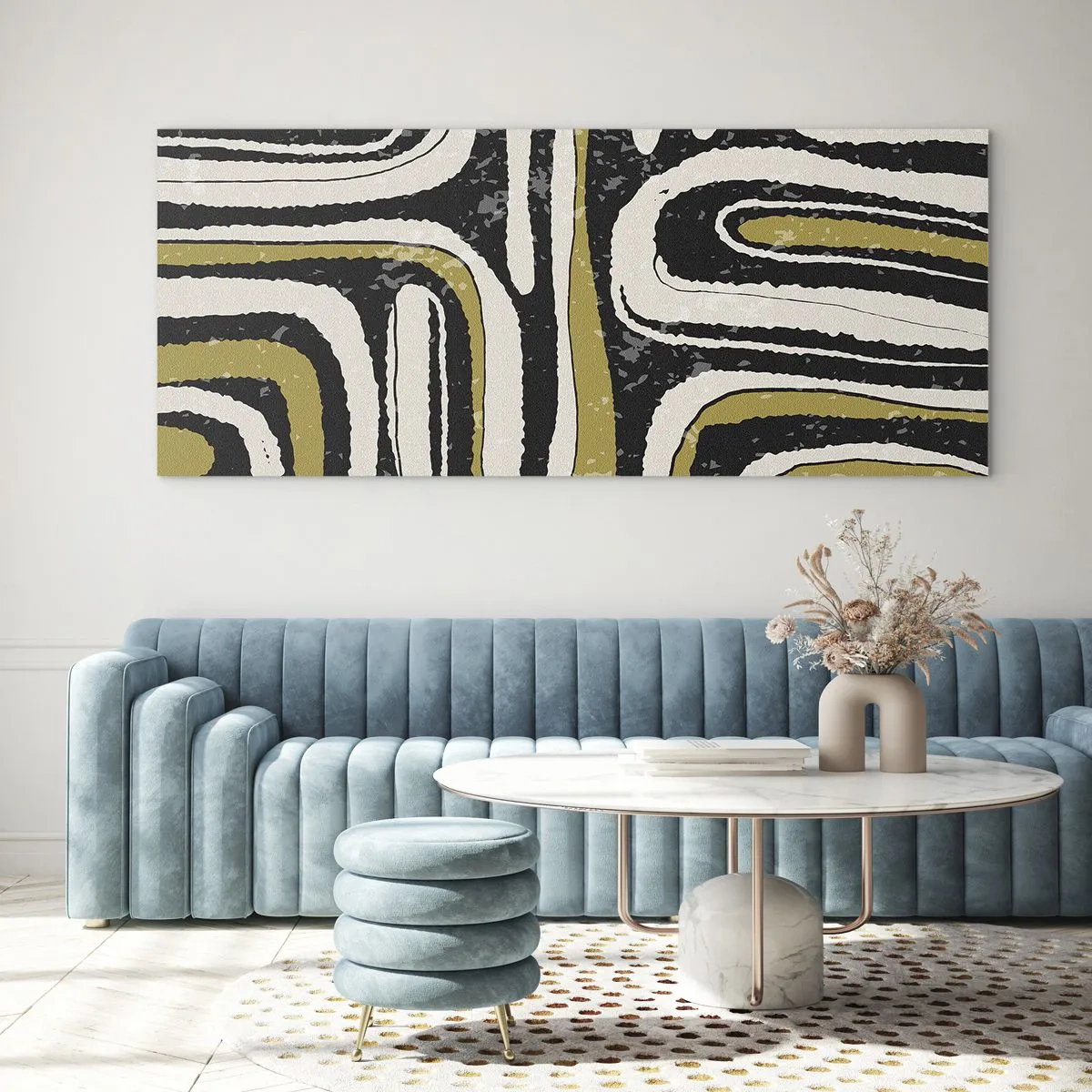 Obraz na szkle - Abstrakcyjny wzór w czerni, bieli i złocie - 160x50cm - Kompozycja: trakty i zaułki - Nowoczesna dekoracja ścienna do salonu i sypialni ARTTOR