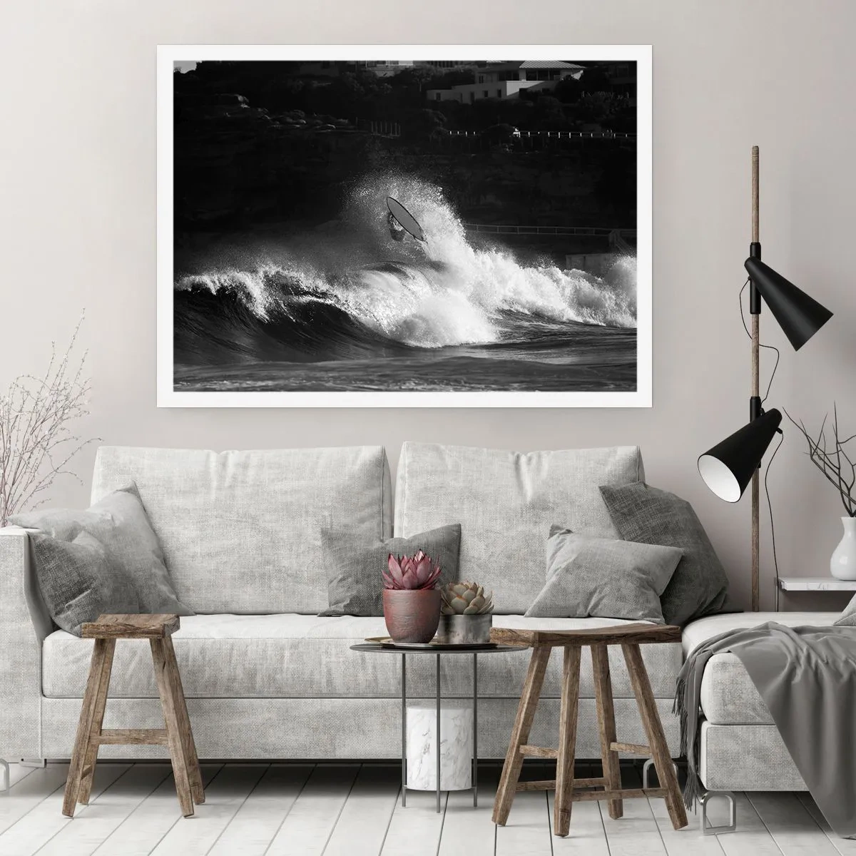 Plakat - Surfer na fali w monochromatycznym ujęciu - 100x70cm - Wyzwanie przyjęte! - Nowoczesna dekoracja ścienna do salonu i sypialni ARTTOR