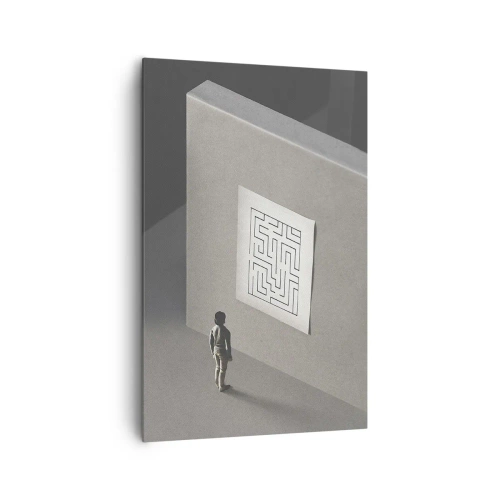 Obraz na płótnie - Postać w labiryncie patrząca na wiszącą mapę - 80x120cm - Ale gdzie jestem? - Nowoczesna dekoracja ścienna do salonu i sypialni ARTTOR