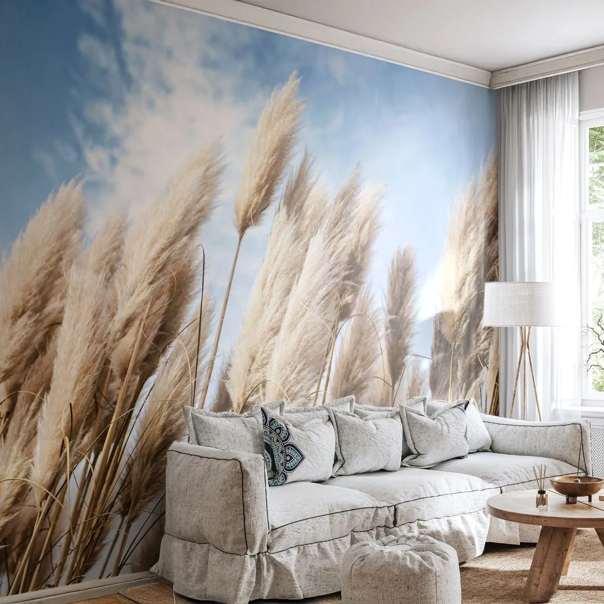 Fototapeta Premium Sand - Trawa pampasowa na tle błękitnego nieba - 100x70cm - Słoneczna i wietrzna pieszczota - Nowoczesna dekoracja ścienna do salonu, kuchni i sypialni ARTTOR