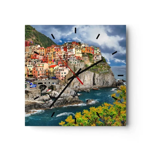 Zegar ścienny - Kolorowe domy na klifie nad brzegiem morza w Cinque Terre - 30x30cm - Gromadka przytulona do skał - Nowoczesna dekoracja ścienna do salonu i sypialni ARTTOR