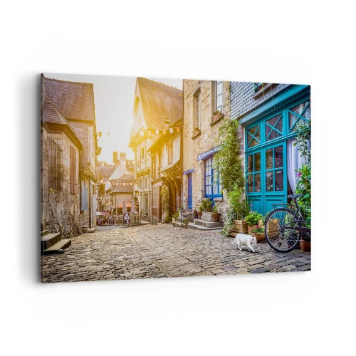 Obraz na płótnie - Urokliwa uliczka z kamiennym brukiem w świetle słońca - 100x70cm - Biały duch miasteczka - Nowoczesna dekoracja ścienna do salonu, kuchni i sypialni ARTTOR
