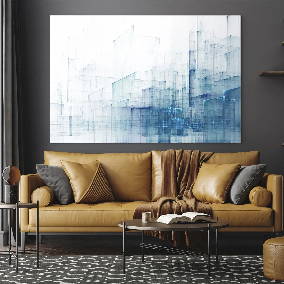 Obraz na szkle - Abstrakcyjna kompozycja geometryczna w odcieniach błękitu - 120x80cm - Jak stała się przestrzeń - Nowoczesna dekoracja ścienna do salonu, kuchni i sypialni ARTTOR
