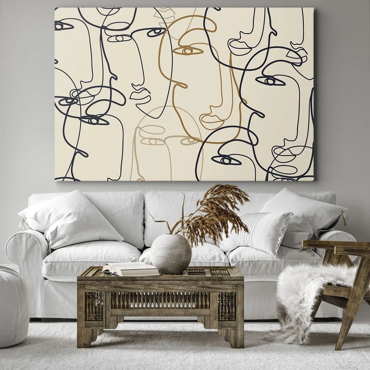 Obraz na płótnie - Minimalistyczne twarze w stylu line art na jasnym tle - 70x50cm - Portret zwielokrotniony - Nowoczesna dekoracja ścienna do salonu i sypialni ARTTOR