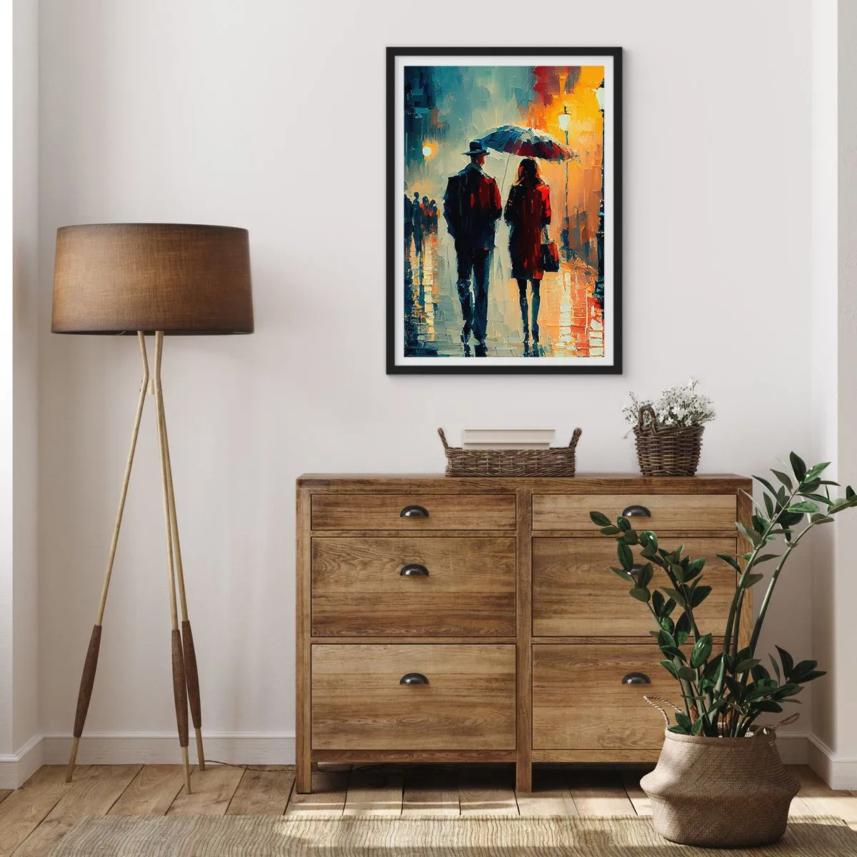 Plakat w czarnej ramie - Romantyczna para pod parasolem w deszczu - 50x70cm - Miejska love story - Nowoczesna dekoracja ścienna do salonu i sypialni ARTTOR