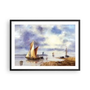 Plakat w czarnej ramie - Żaglówki na spokojnej wodzie z wiatrakami w tle - 70x50cm - Powrót żeglarzy - Nowoczesna dekoracja ścienna do salonu i sypialni ARTTOR
