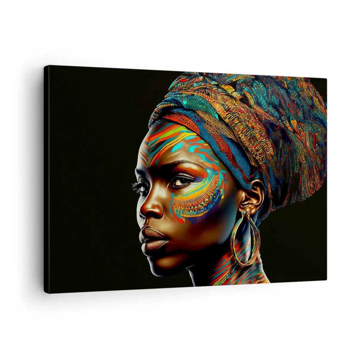 Obraz na płótnie - Portret kobiety z kolorowym wzorem i turbanem - 70x50cm - Afrykańska królowa - Nowoczesna dekoracja ścienna do salonu i sypialni ARTTOR