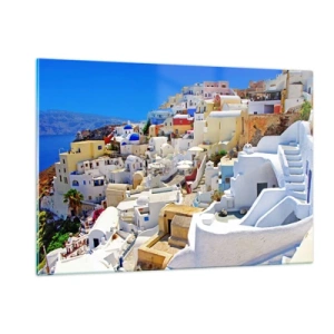 Obraz na szkle - Santorini z białymi domami na tle błękitnego nieba - 120x80cm - Marzenie o greckim lecie - Nowoczesna dekoracja ścienna do salonu, kuchni i sypialni ARTTOR