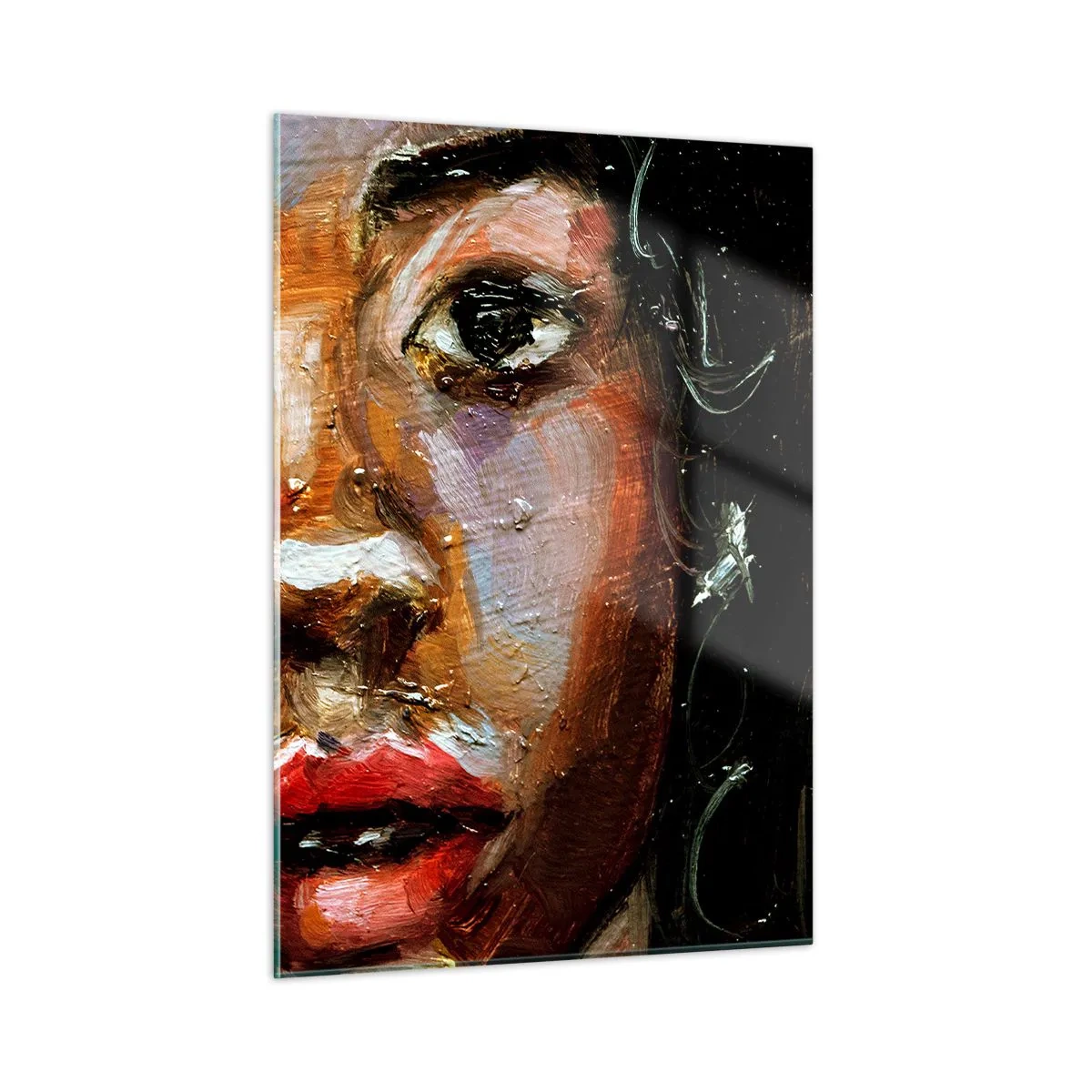 Obraz na szkle - Fragment kolorowego portretu kobiety w stylu malarskim - 50x70cm - Czerń i blask - Nowoczesna dekoracja ścienna do salonu, kuchni i sypialni ARTTOR