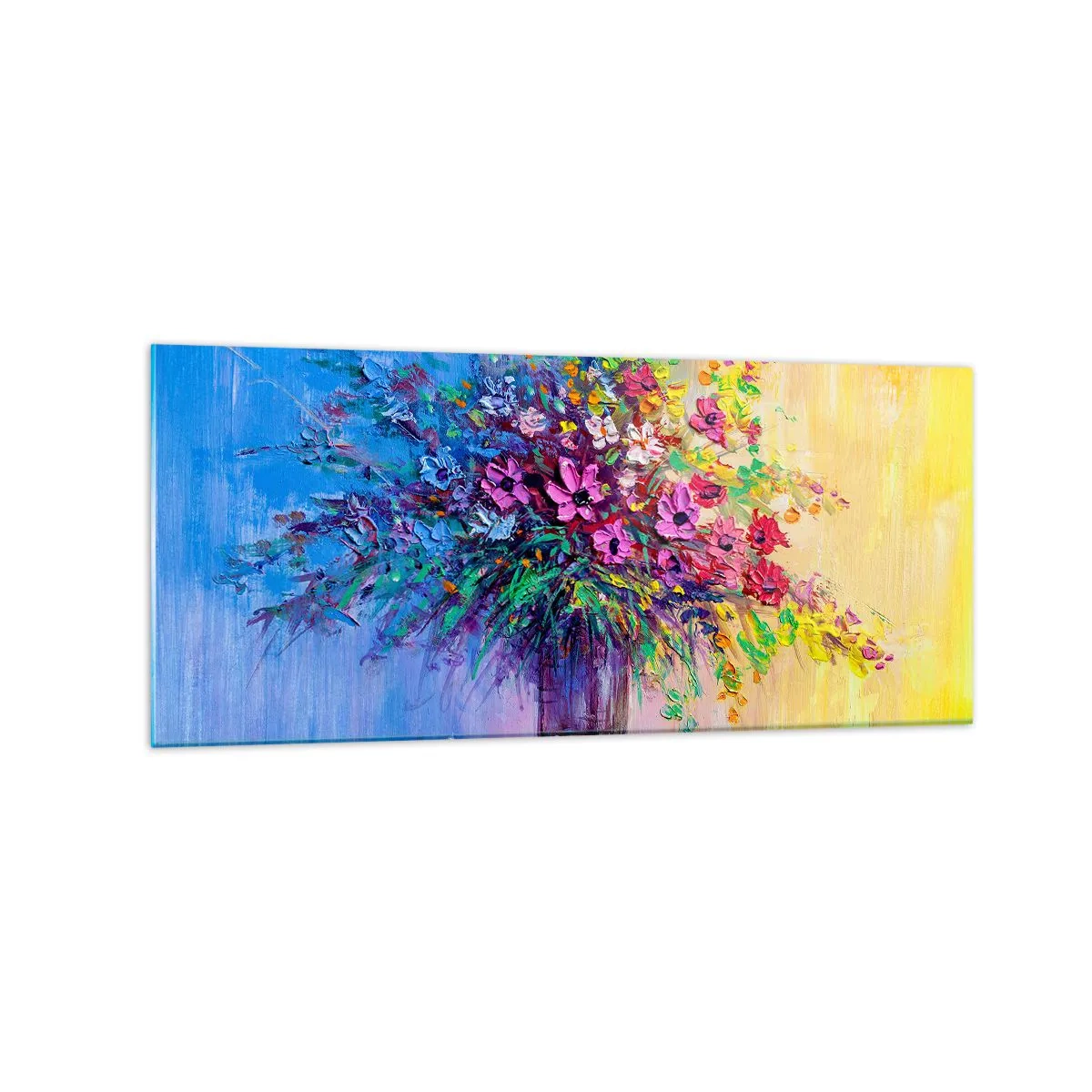 Obraz na szkle - Kolorowy bukiet kwiatów w wazonie na tle gradientu - 120x50cm - Dar letnirj łąki - Nowoczesna dekoracja ścienna do salonu i sypialni ARTTOR