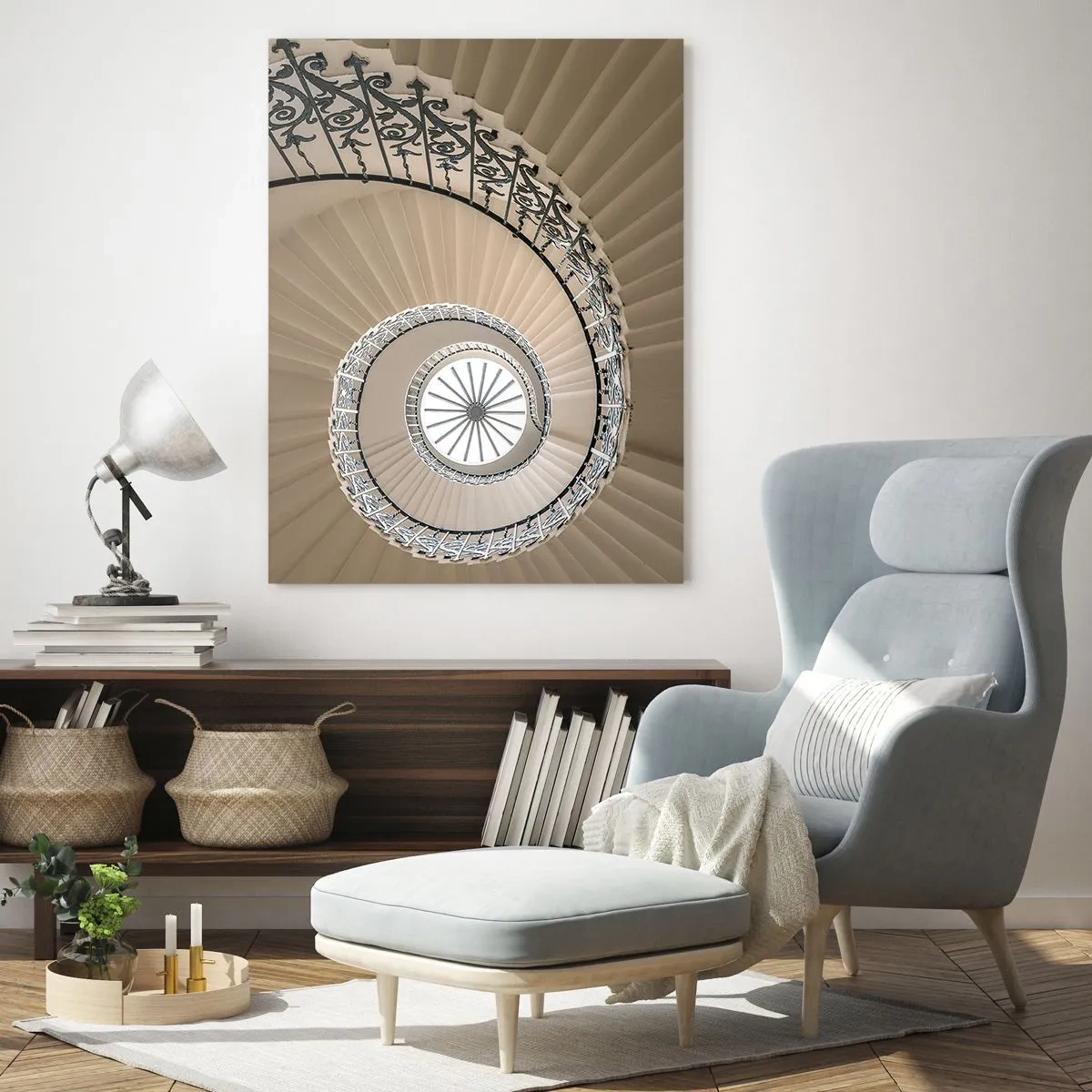 Obraz na szkle - Widok w górę spiralnych schodów przypominających muszlę - 50x70cm - W środku muszli - Nowoczesna dekoracja ścienna do salonu, kuchni i sypialni ARTTOR